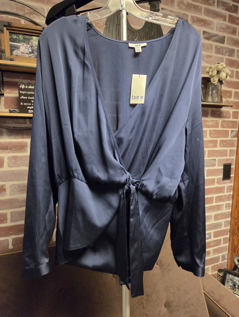 Bar III navy satin wrap tie-front blouse